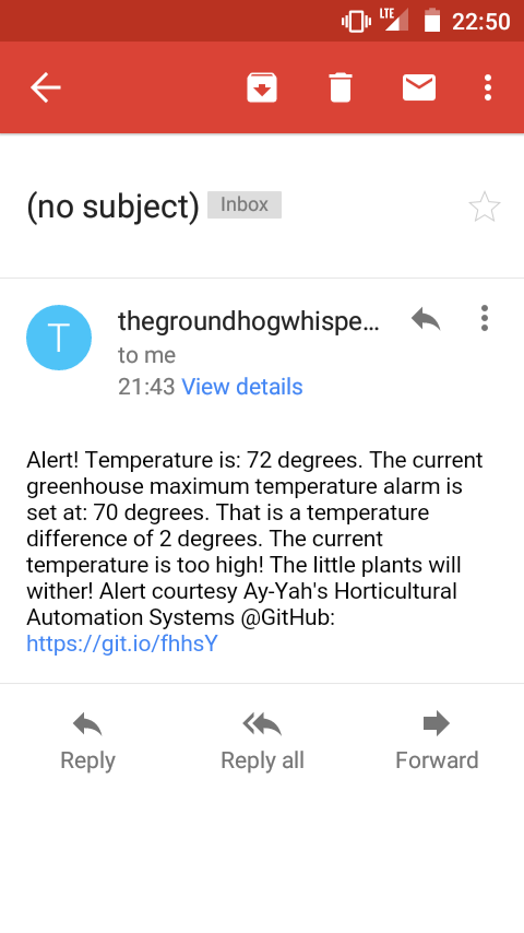 greenhousealarmemail.py Example Screenshot Email Message