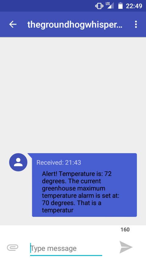 greenhousealarmemail.py Example Screenshot SMS Message