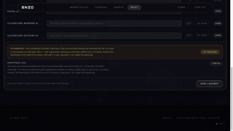 60-second no-cut demo: paste your provider key (masked), chat streams a real Groq answer, search the unified model catalog, describe a task once and ENZO drafts the agent's operating manual with the live key, then runs it