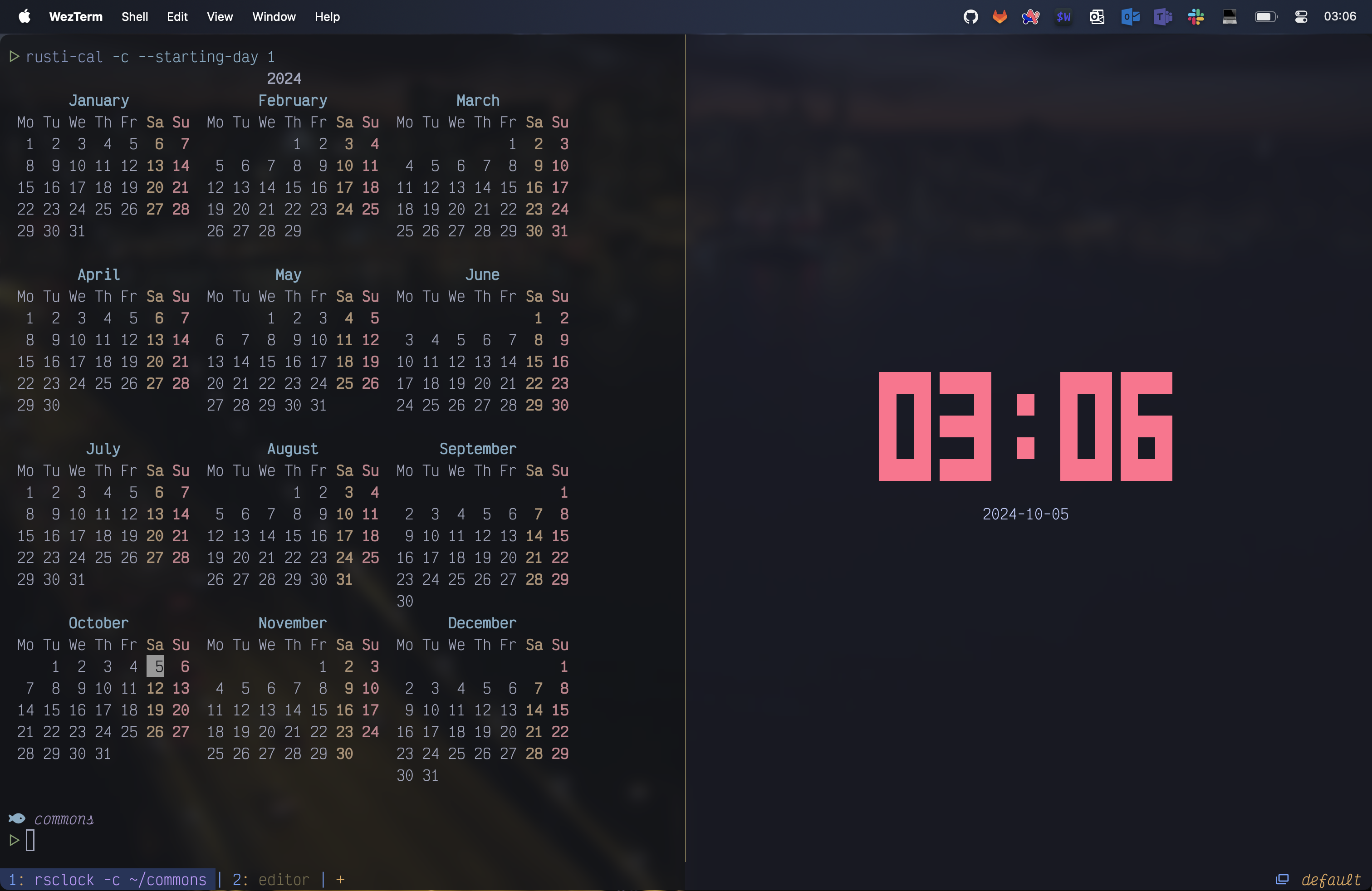 WezTerm rcal and clock