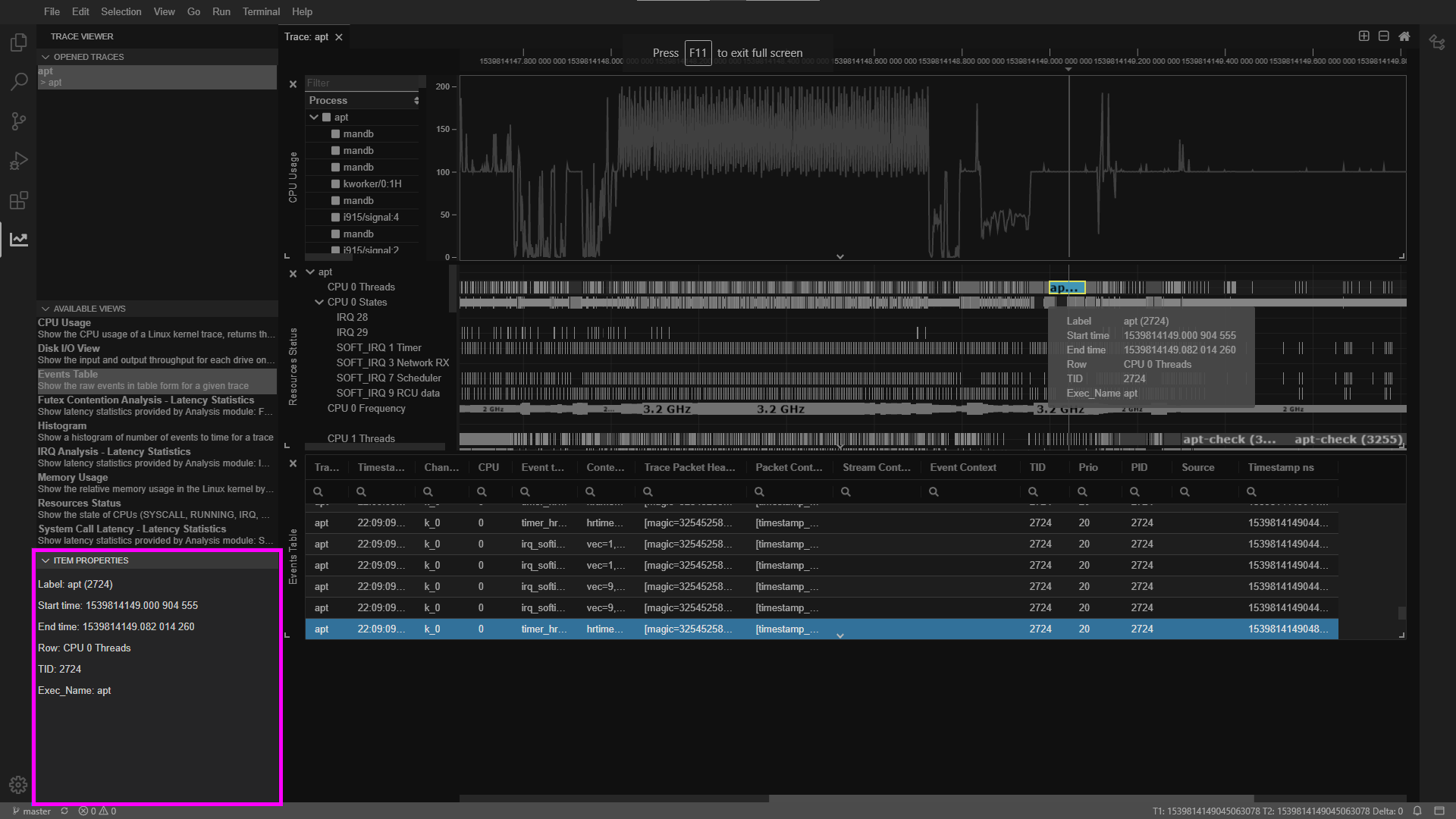 Trace Viewer Item Properties