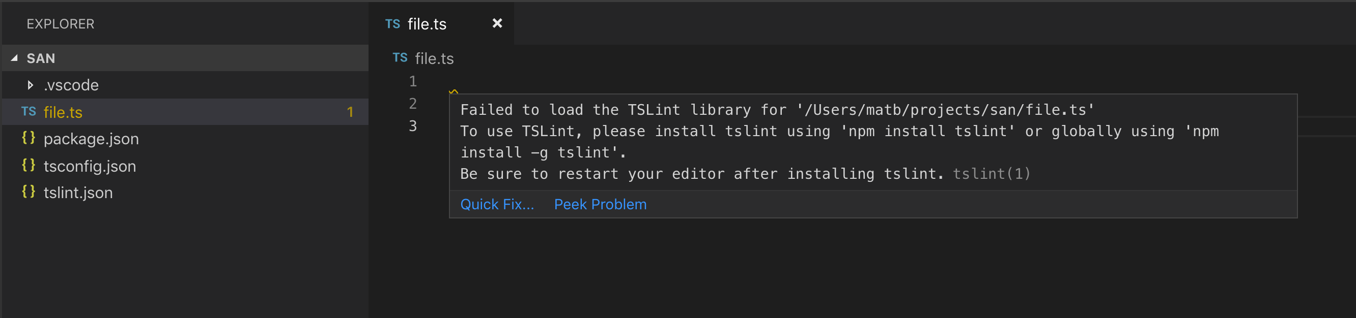 TSLint config error on first line of editor