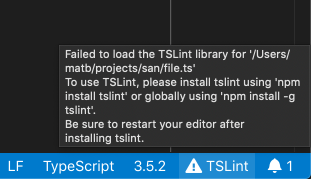 TSLint warning icon in the status bar
