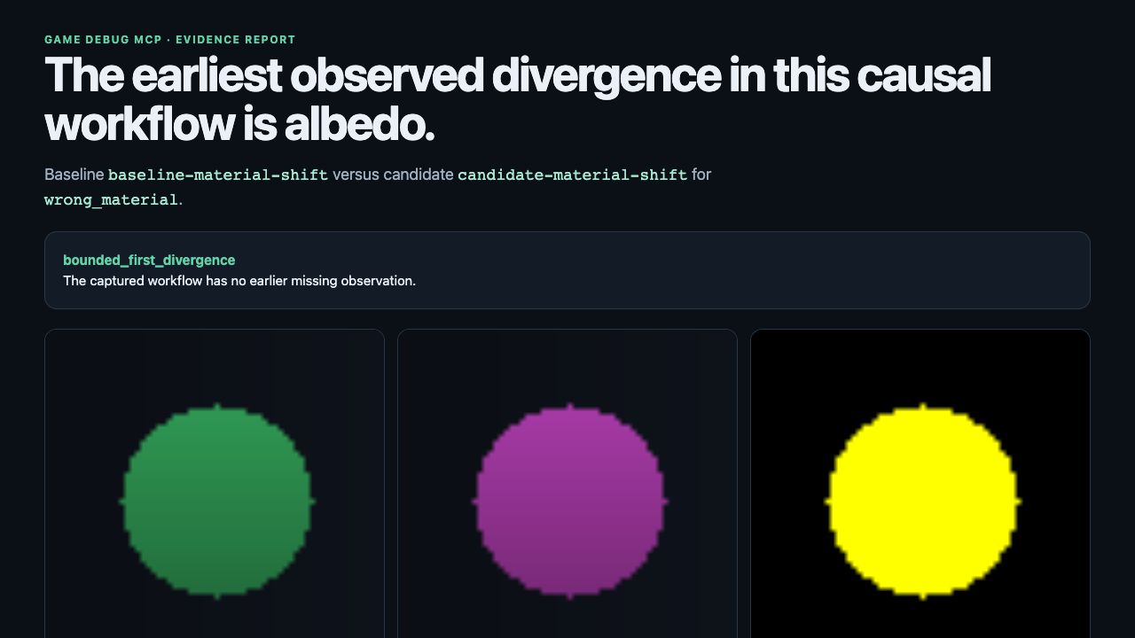 Game Debug MCP report showing baseline, candidate, and a difference heatmap