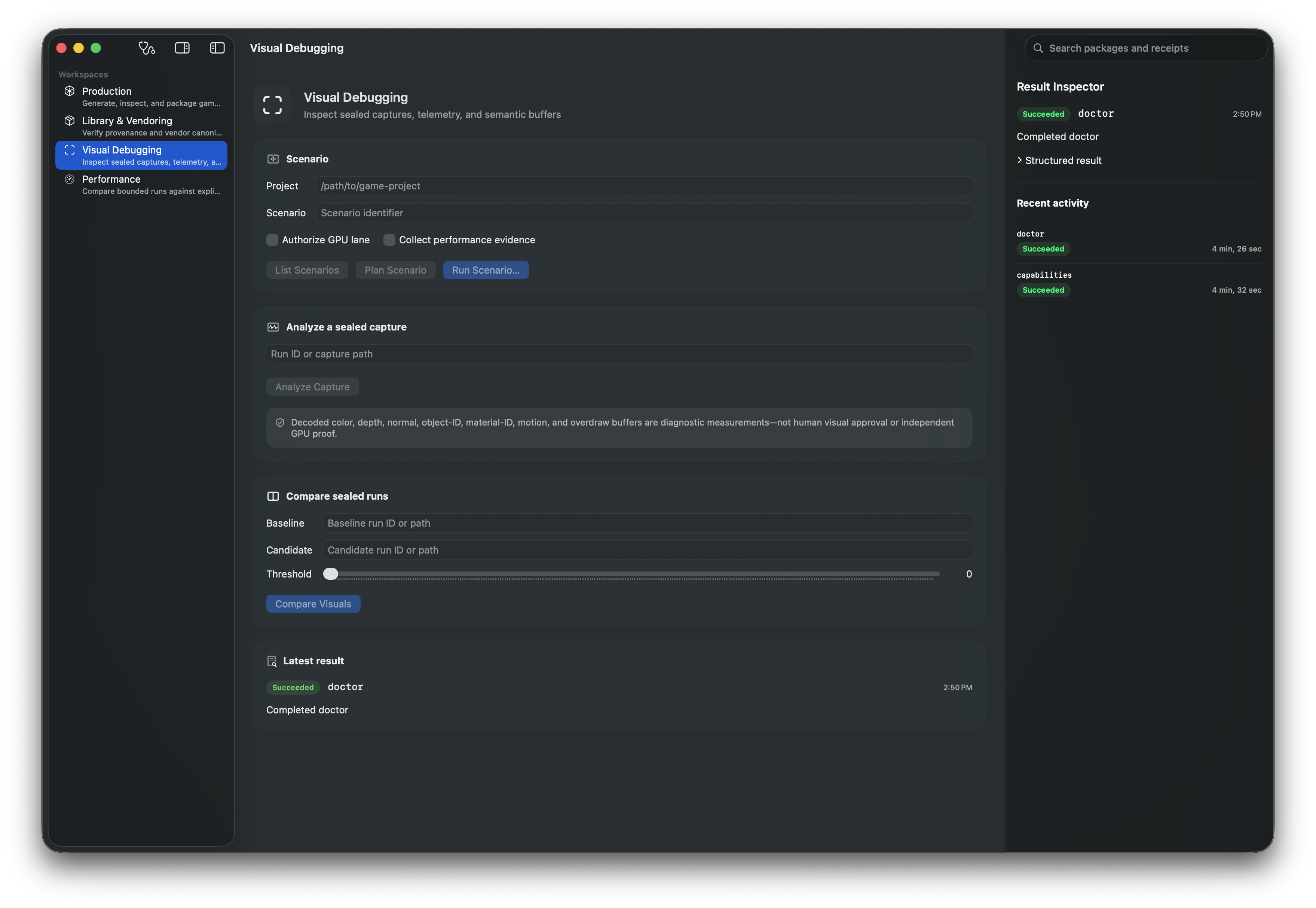 Native Visual Debugging workspace in default dark mode