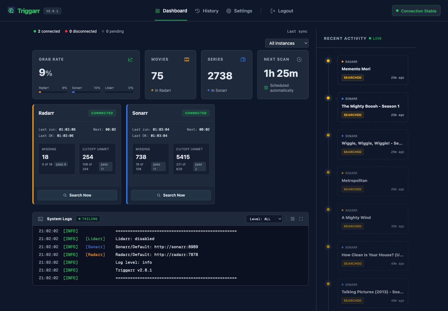 Triggarr dashboard showing app cards, grab rate stats, and live recent activity
