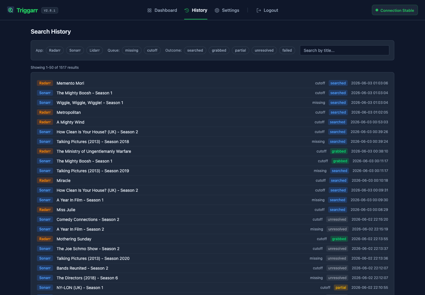 Search history with filter chips for app, queue type, outcome, and title search