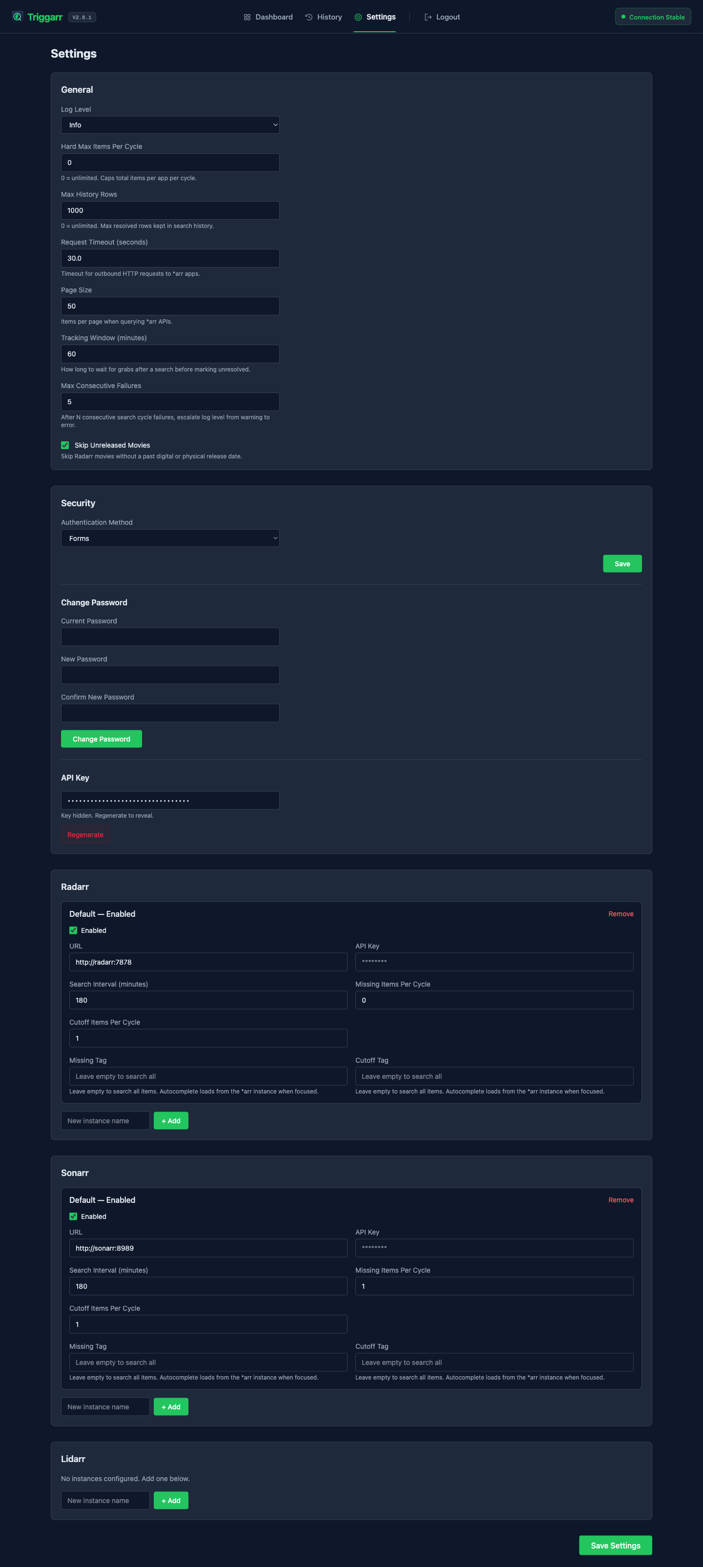 Settings page with general options and per-instance configuration for Radarr, Sonarr, and Lidarr