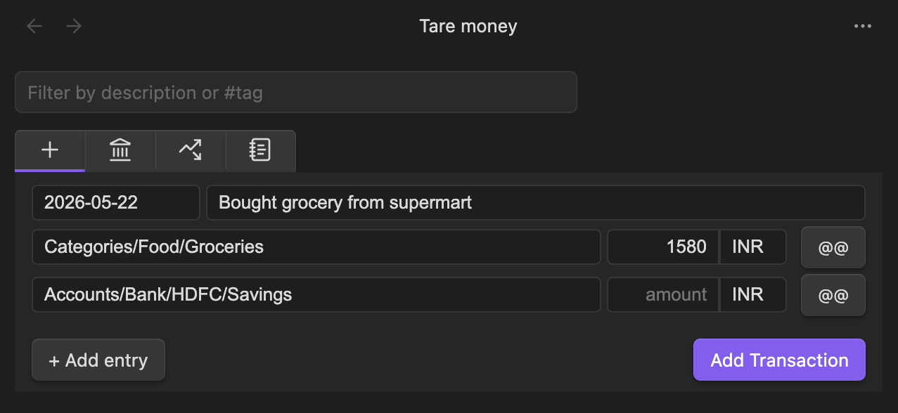Add transaction in Tare Money Obsidian plugin