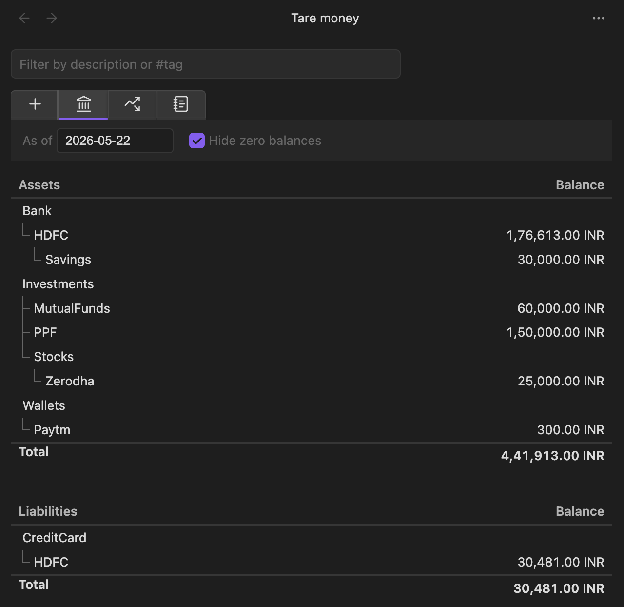 Balances view in Tare Money Obsidian plugin