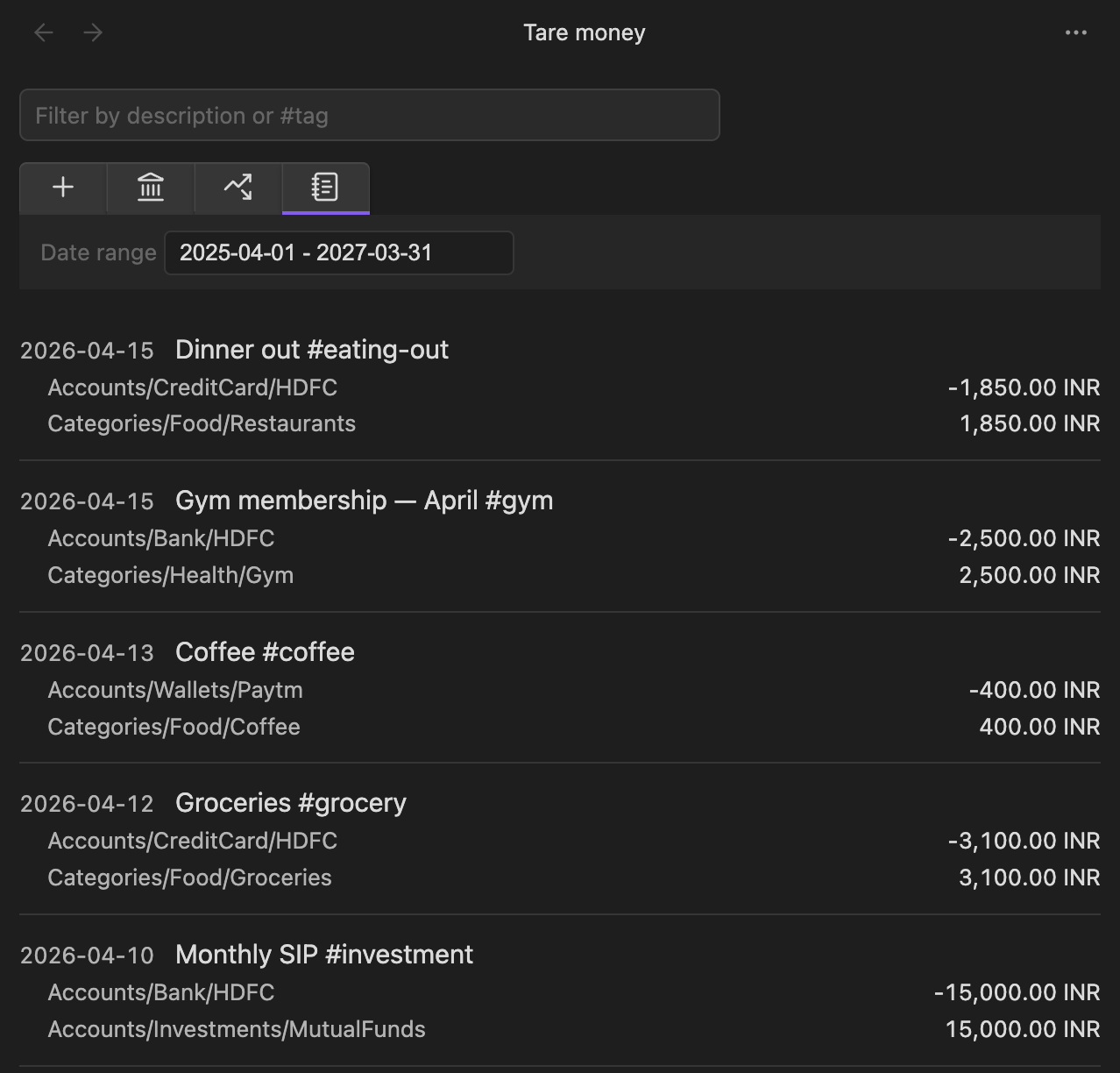Transaction list in Tare Money Obsidian plugin