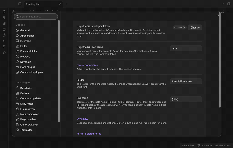 Settings with a token and user name, a sync that makes three notes, an imported note, a resync that adds one highlight, and a deleted note that stays deleted