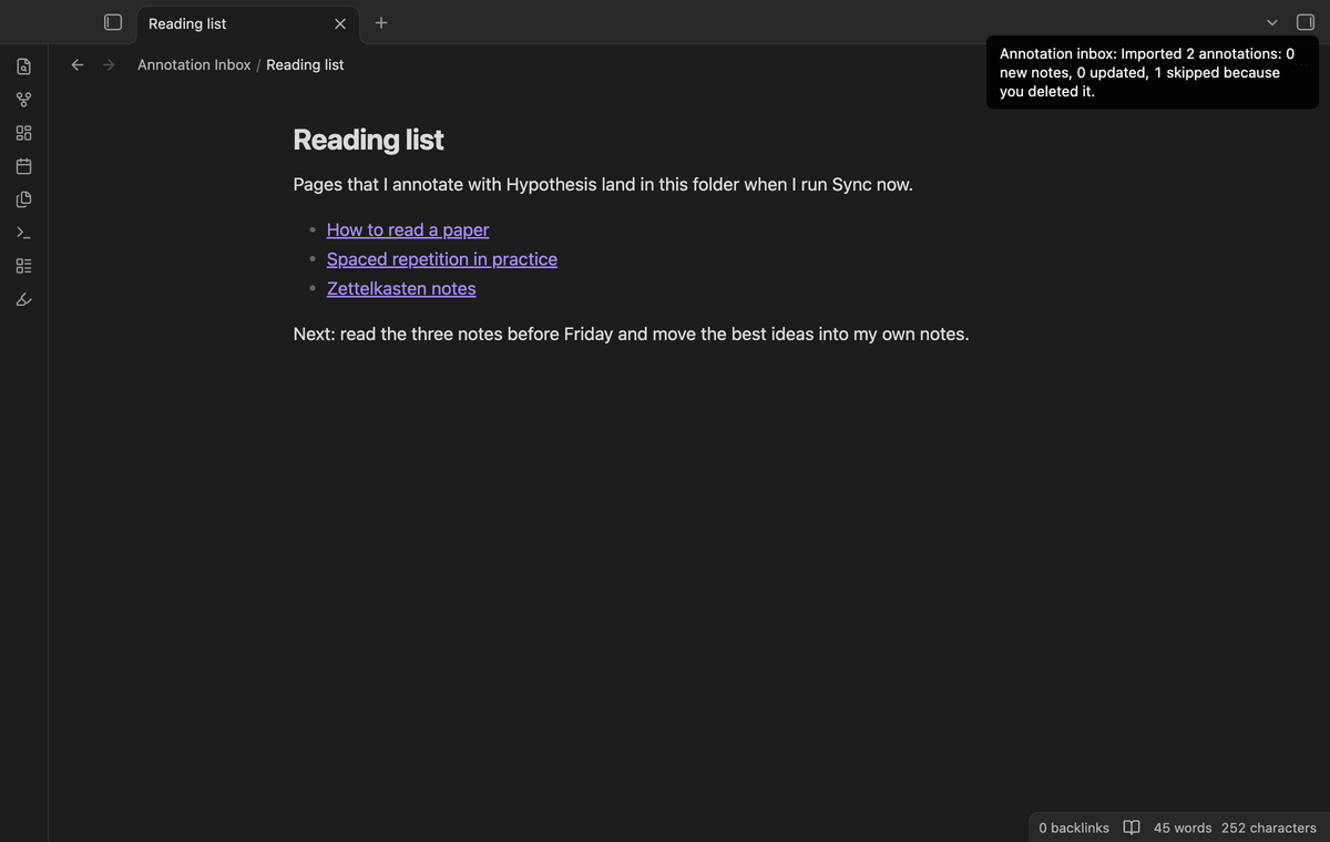 A notice that says one page was skipped because the note was deleted