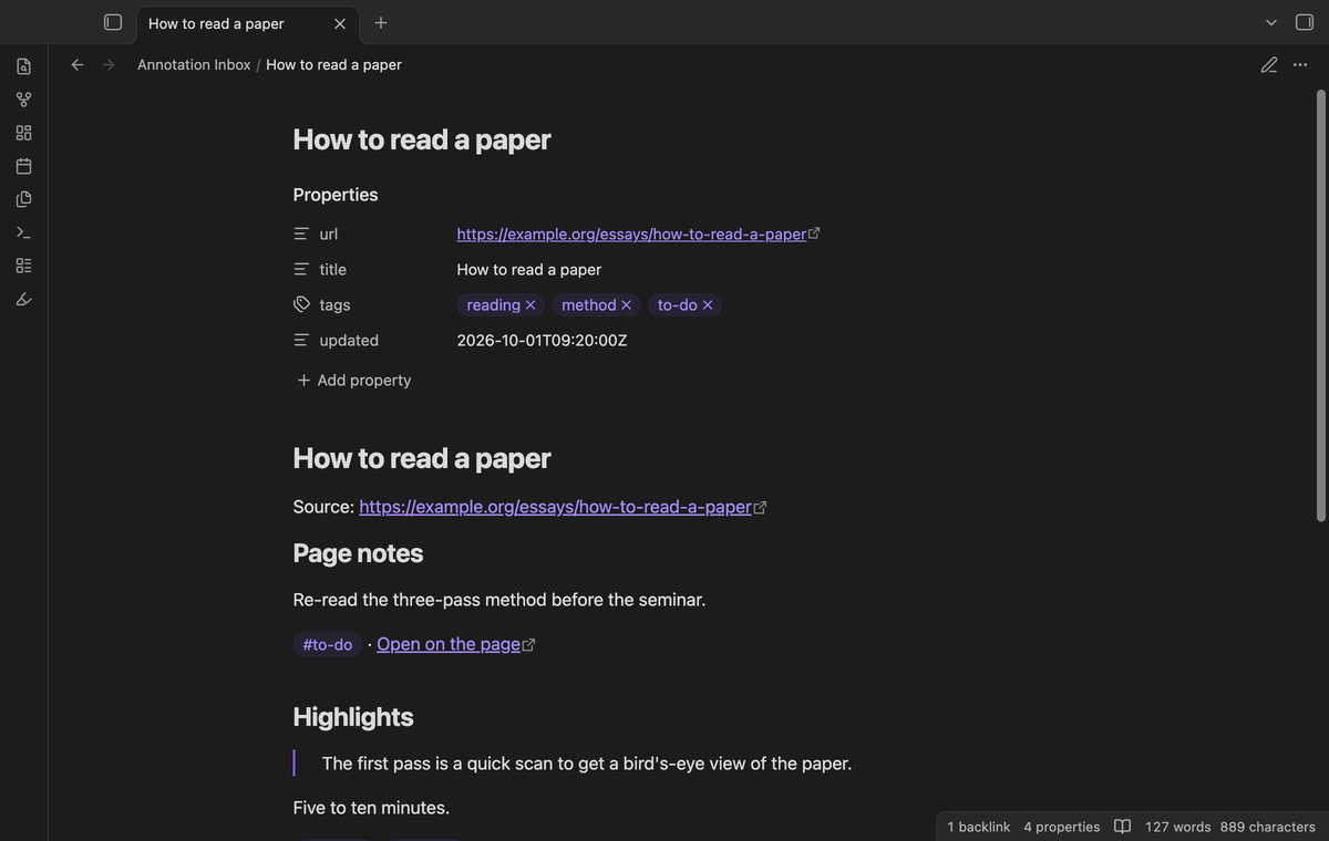 An imported note with properties, the title, the source link, one page note and two highlights with tags