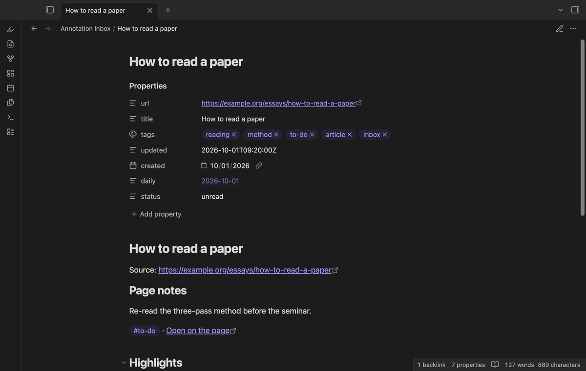 A reading view of an imported note with the properties created, tags and status
