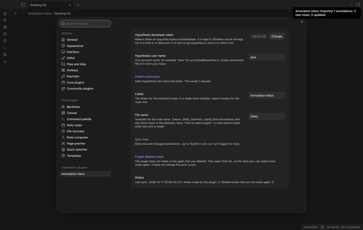 The settings: token, user name, check connection, folder, file name with an example, sync now, forget deleted notes and the status line