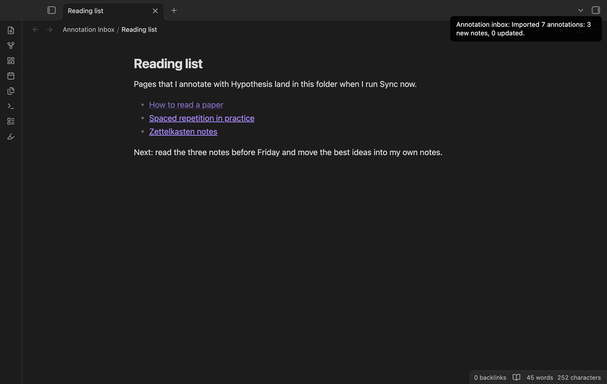 A notice that says Imported 7 annotations: 3 new notes, 0 updated