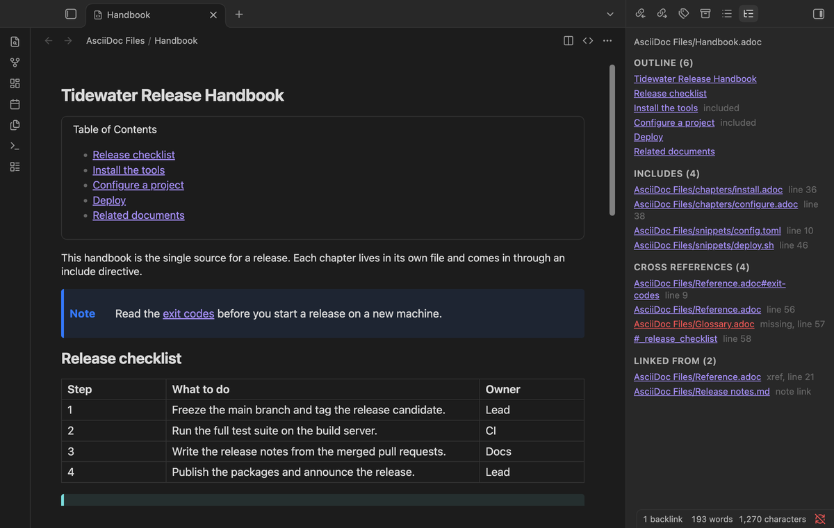 The side panel with the outline, the includes, the cross references with one missing target, and the files that link here