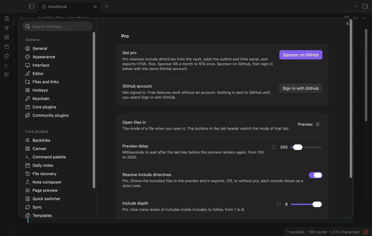 Settings with the Pro section, the open mode, the preview delay and the Pro options for includes and exports