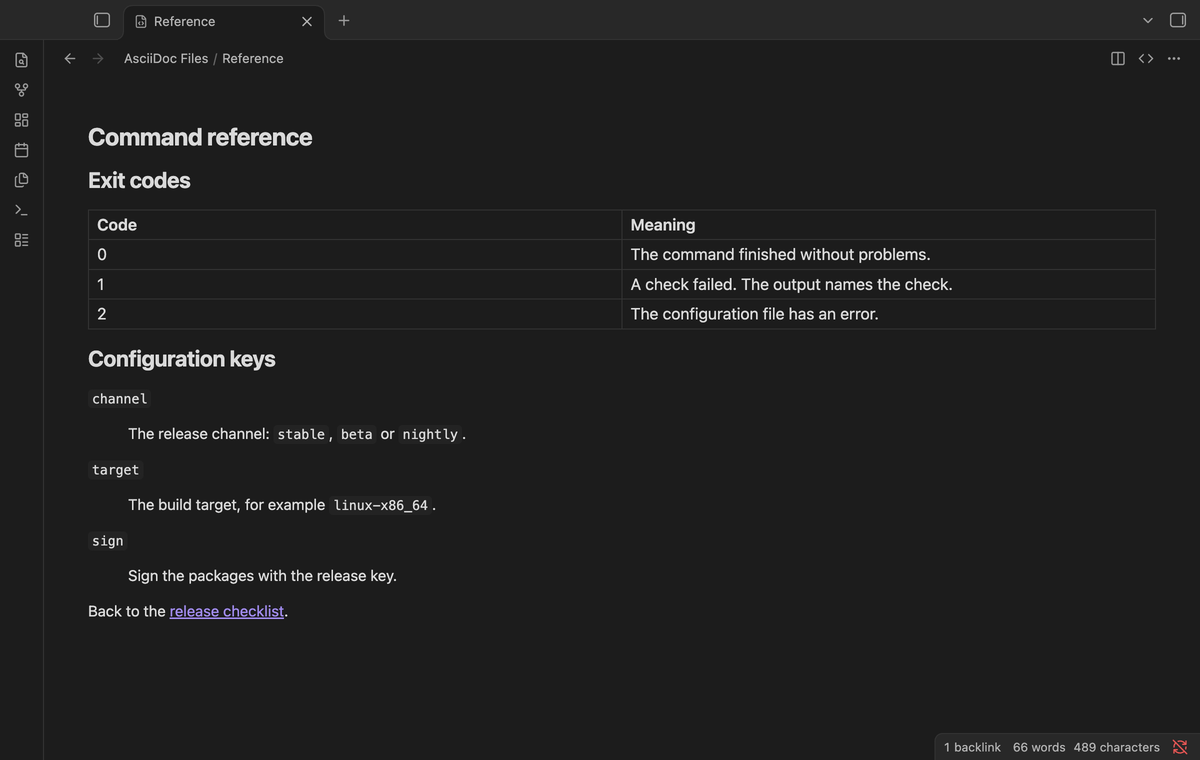 The command reference opened from a cross reference, scrolled to the exit codes