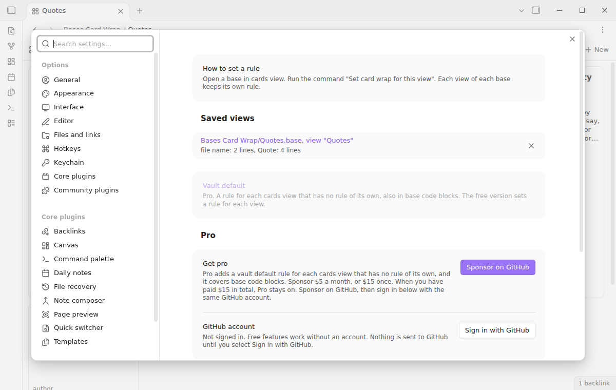 Plugin settings with the list of saved views