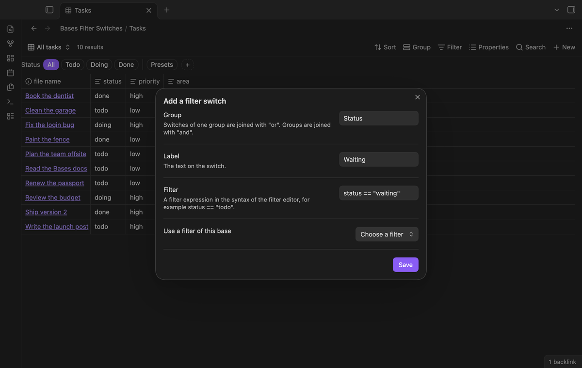 The Add a filter switch window with fields for the group, the label and the filter