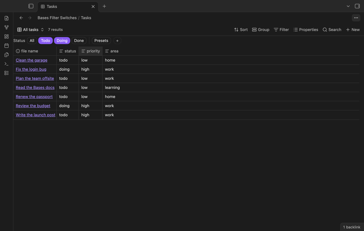 A base of tasks with the Todo and Doing switches on, showing 7 of 10 notes