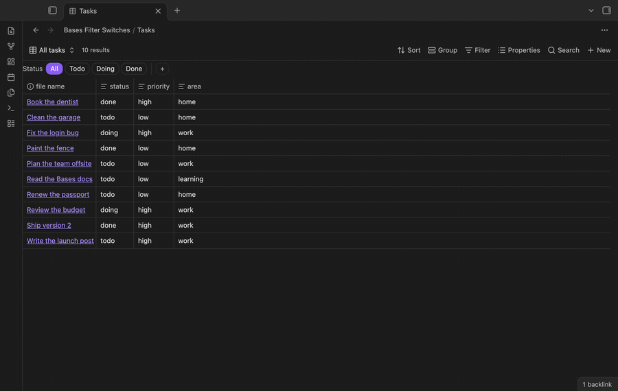 Clicking Todo, then Doing, then All, then Done above a base of tasks; the rows change after each click