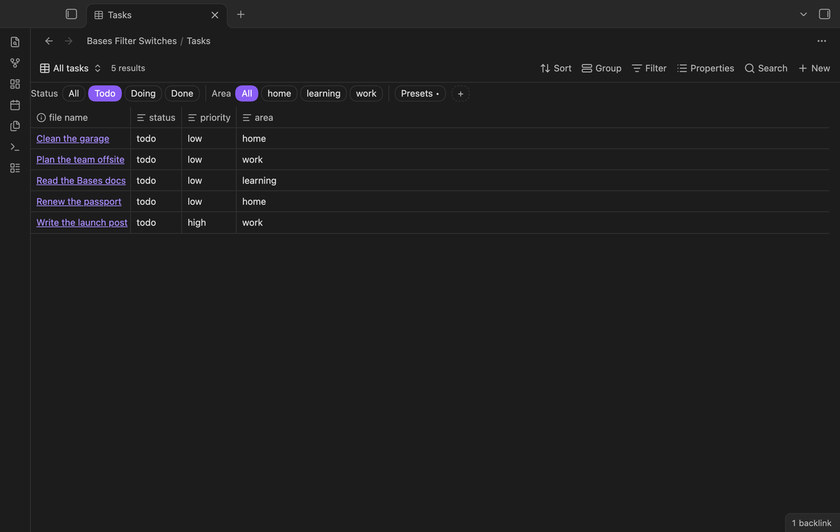 A base of tasks after the command that applies the saved default: Todo is on again and the base shows 5 notes