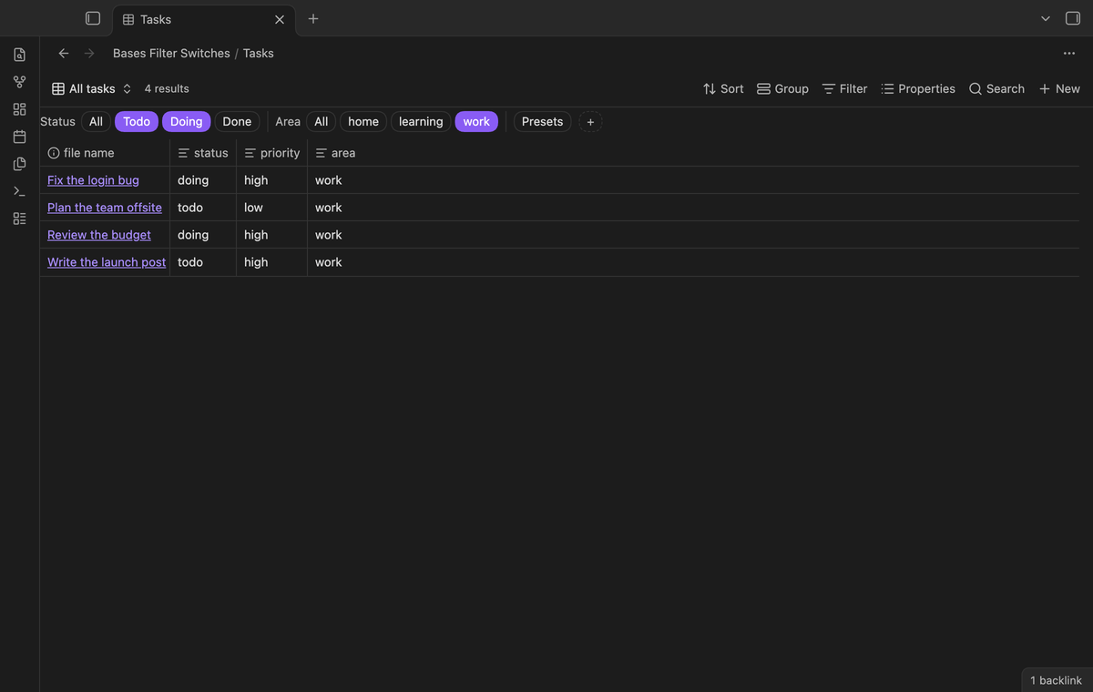 The preset Open work applied from its command: Todo, Doing and work are on and the base shows 4 notes