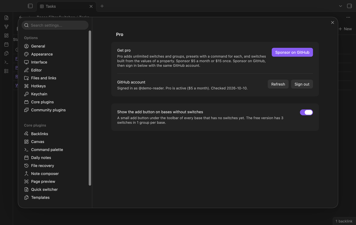The Pro section of the settings after sign in, with the GitHub account and the Pro status
