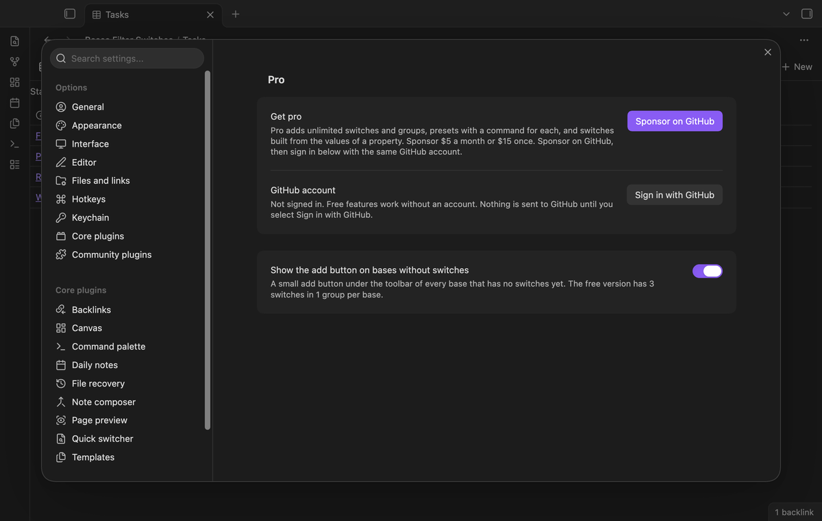Settings with the Pro section and the add button setting