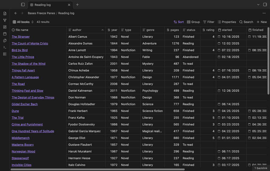 Scrolling a wide base down and to the right while the header row and the file name column stay put