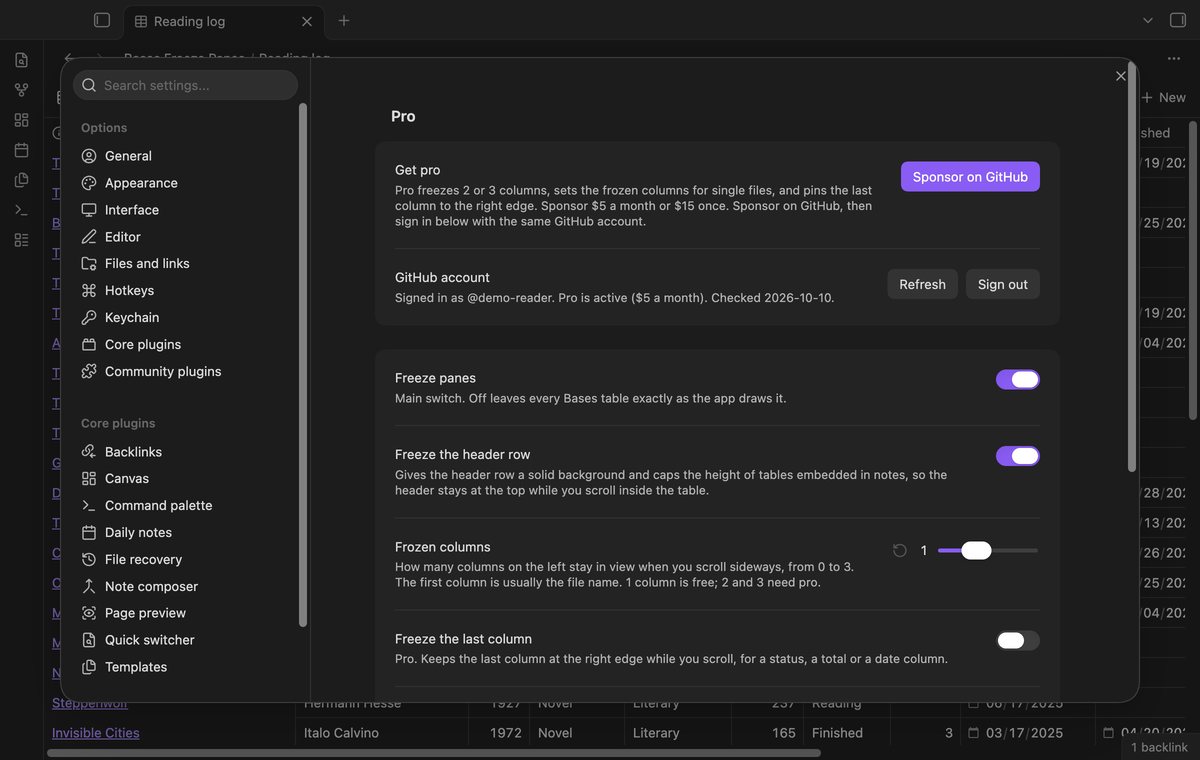 The Pro section of the settings after sign in, with the GitHub account and the Pro status