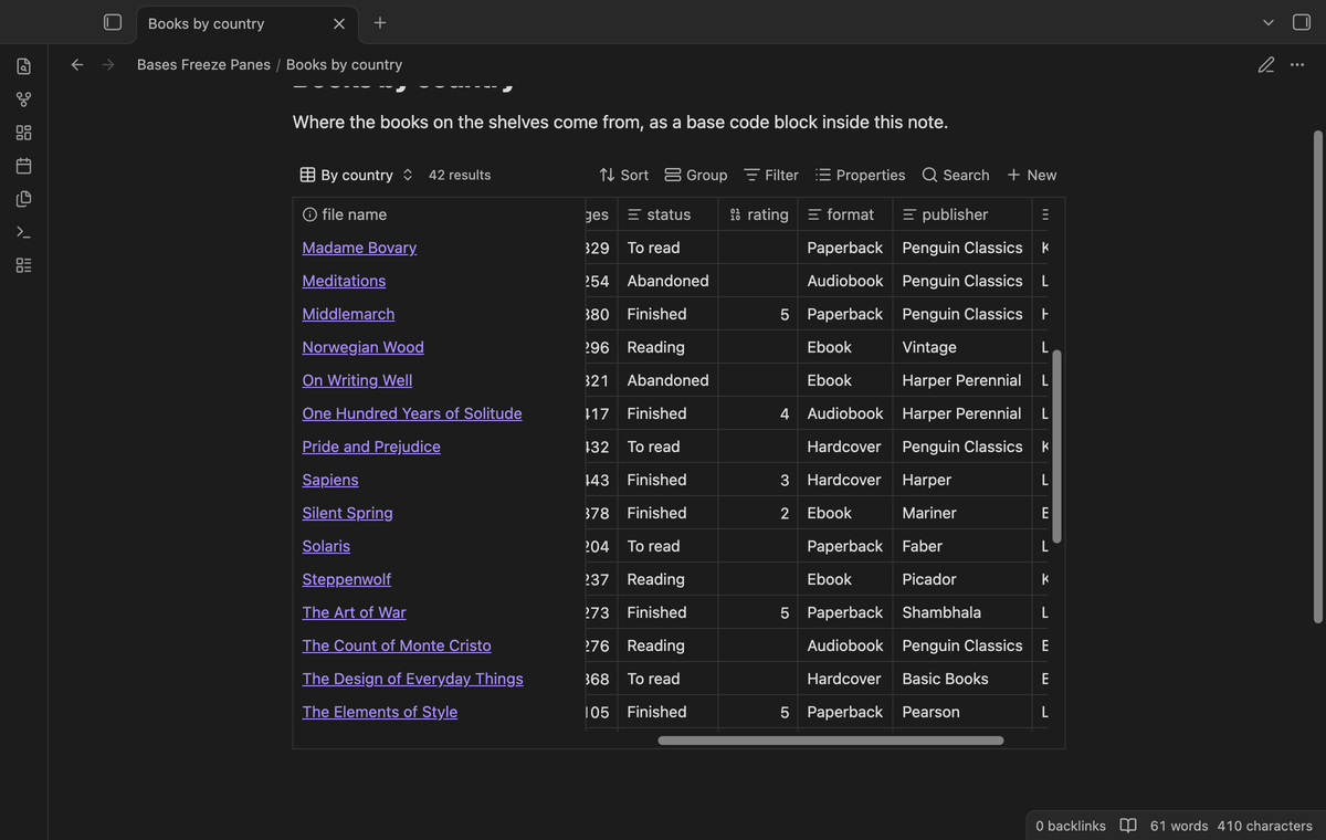 A base code block in reading view with the header row and the first column frozen
