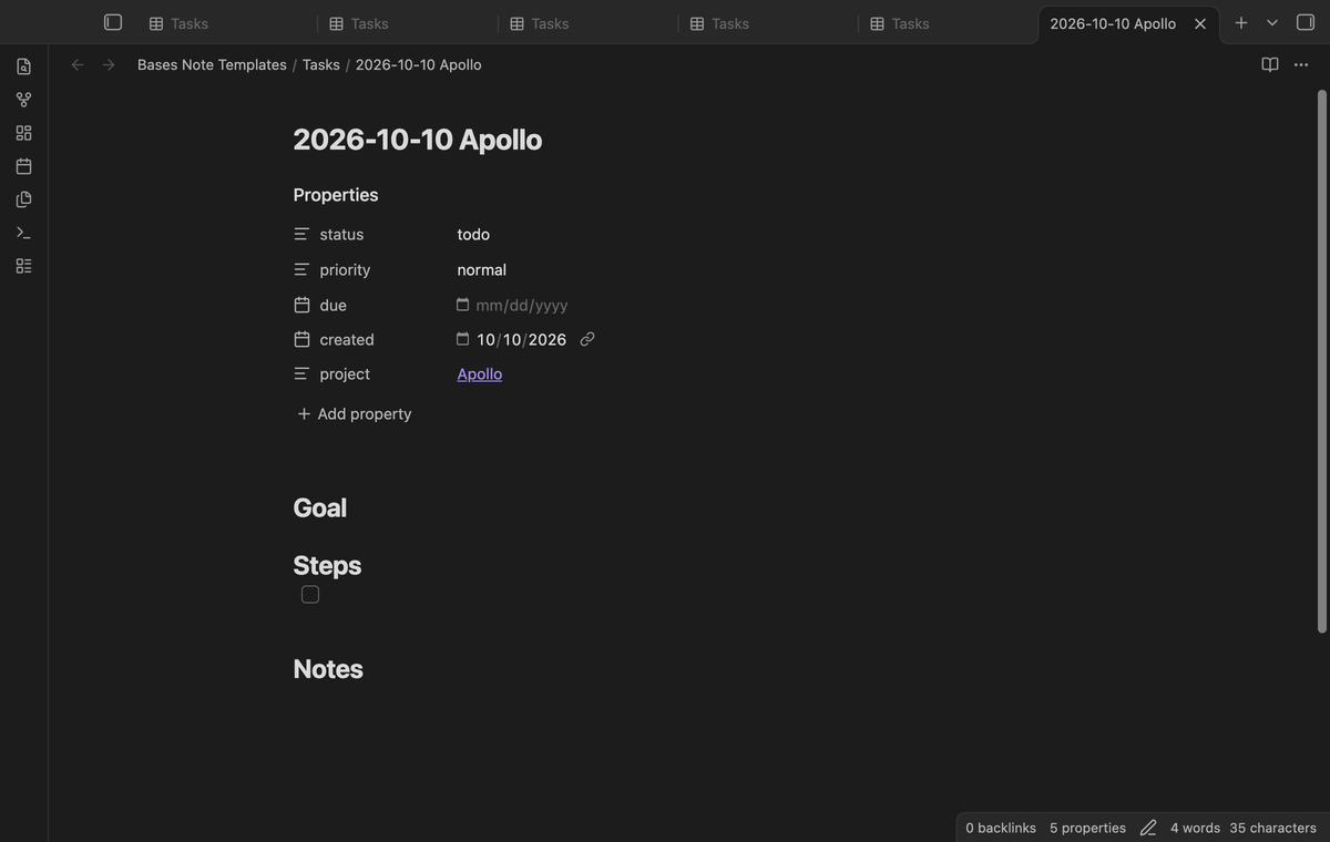 A new note with status and project from the view filters and priority and the headings from the template