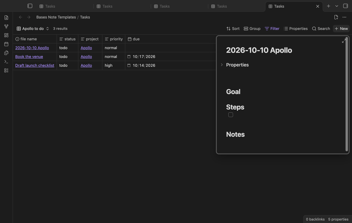 The New button made a note named 2026-10-10 Apollo with the headings of the Task template