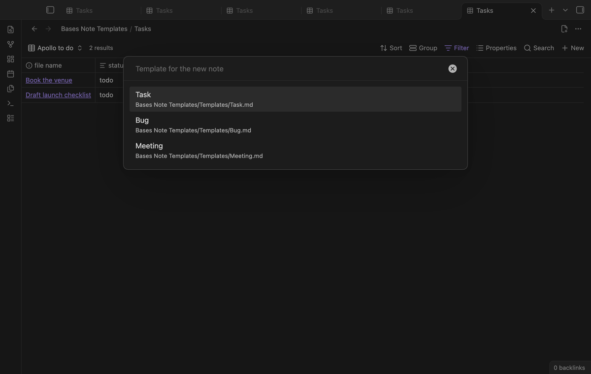 A list asks which template to use: Task, Bug or Meeting