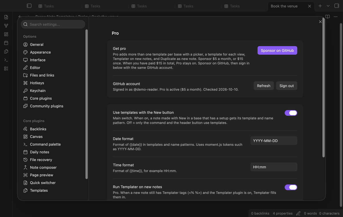 The Pro section of the settings after sign in, with the GitHub account and the Pro status