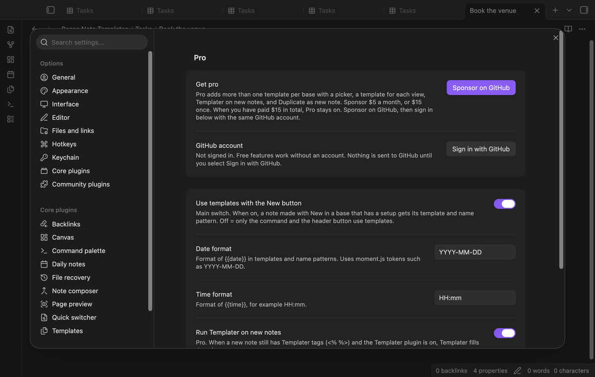 Settings with the Pro section, the New button switch, the date and time formats and Templater