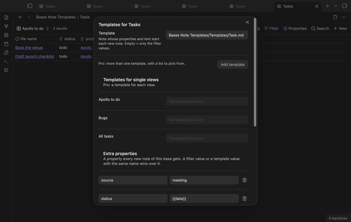 The setup dialog of a base with extra properties source and status