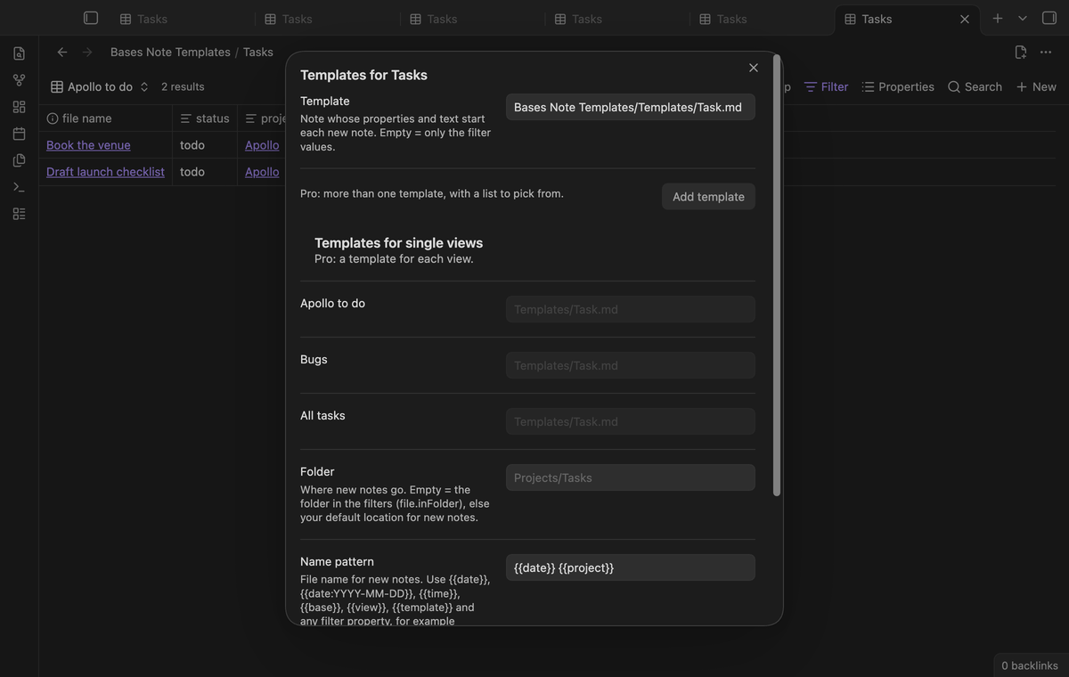The setup dialog of a base with the template, the folder, the name pattern and the New button switch