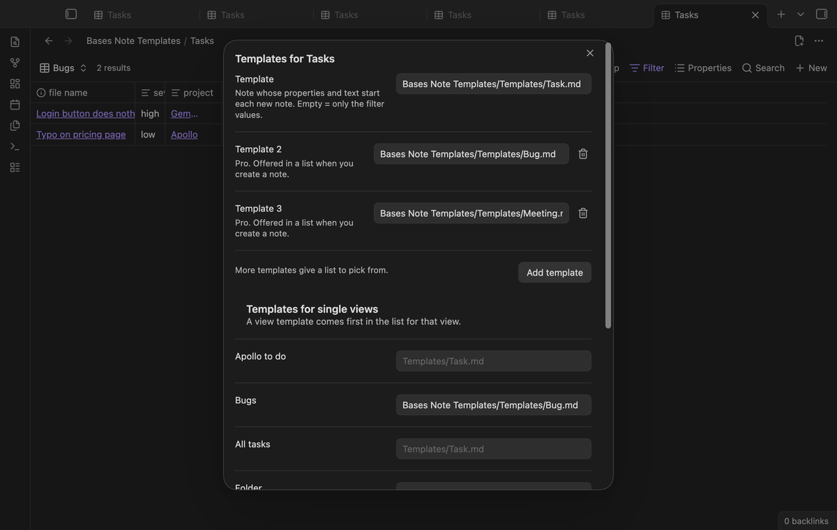 The setup dialog with three templates and a Bug template for the Bugs view