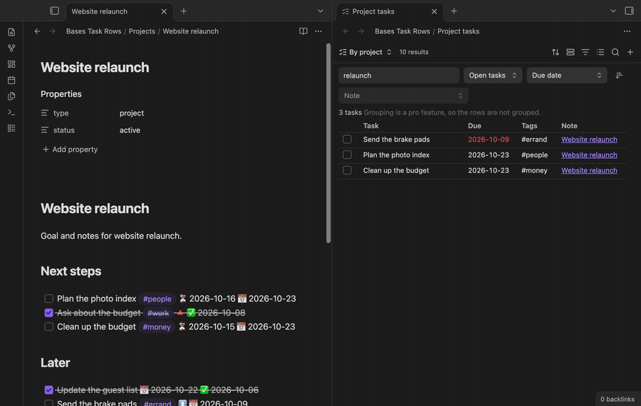 Ticking two tasks in the Task rows view, and the source note shows the x and the done date