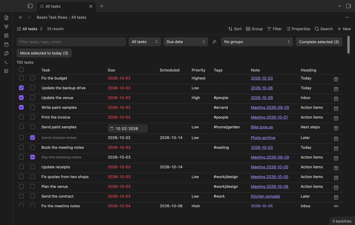 Three selected rows, the Complete selected and Move selected to today buttons, and a date picker open in a due cell
