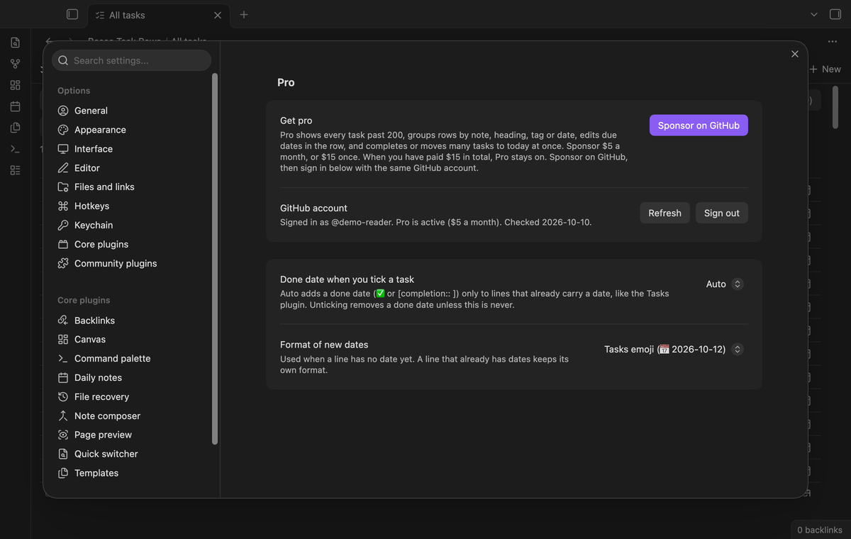 The Pro section of the settings after sign in, with the GitHub account and the Pro status