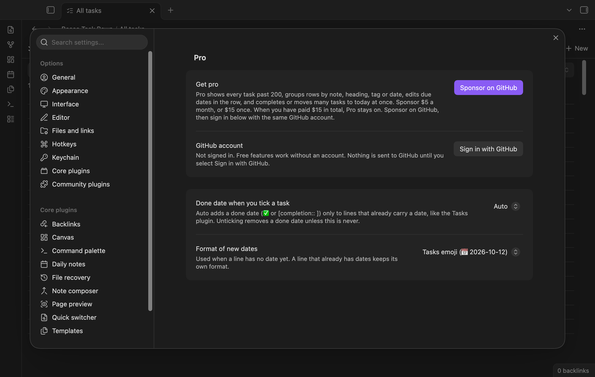 Settings with the Pro section, the done date choice and the format of new dates
