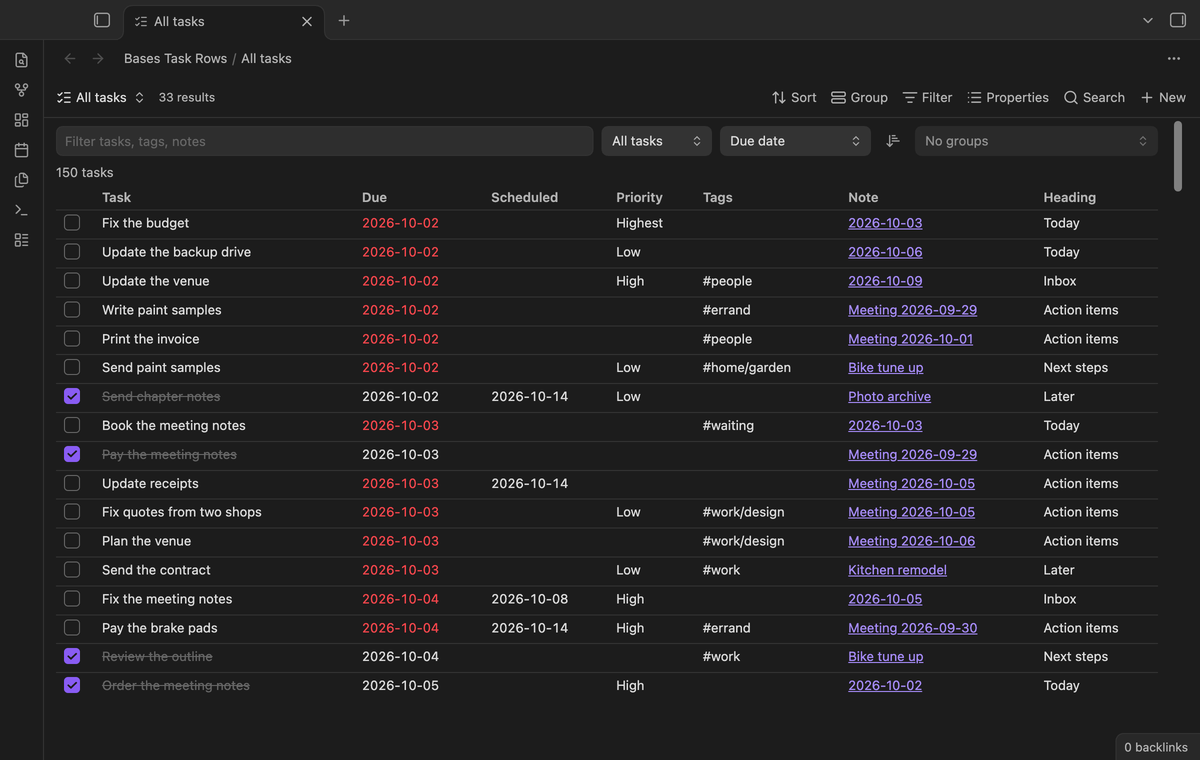 A base with 150 tasks from 30 notes, one row per task, with due date, scheduled date, priority, tags, note and heading