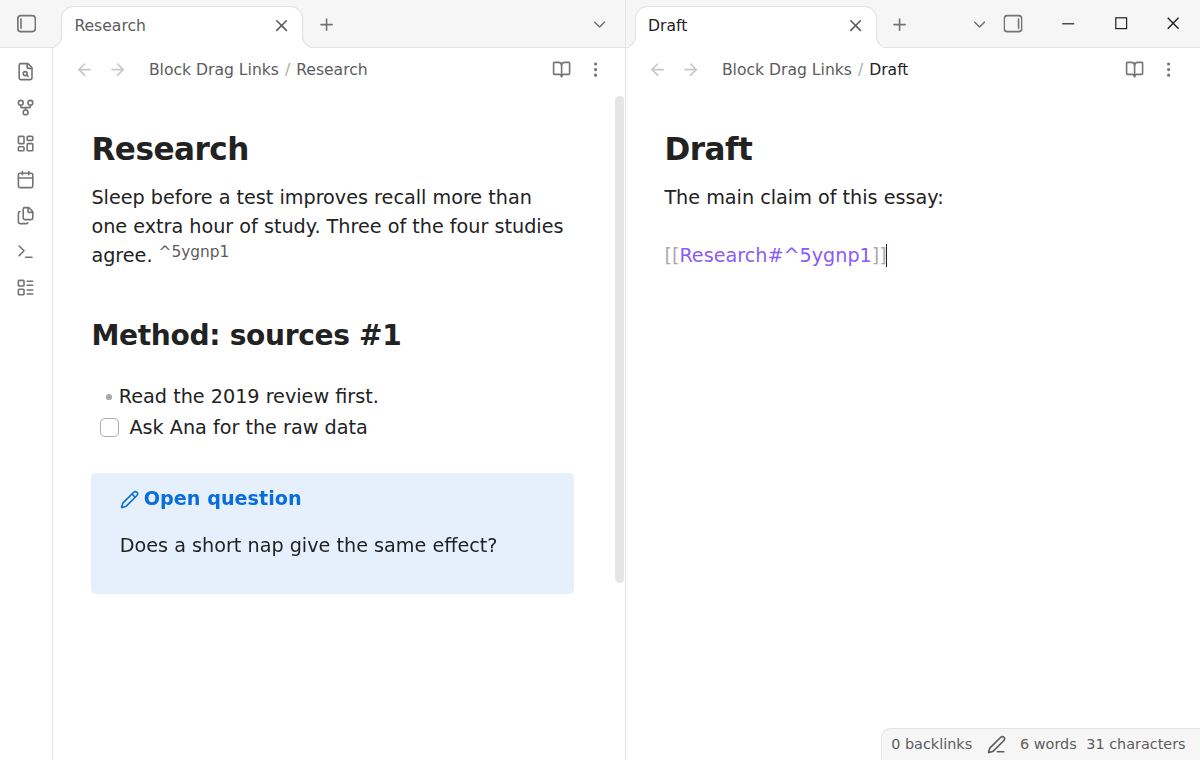 Two notes side by side: the draft has a block link, and the source paragraph ends with the new block ID