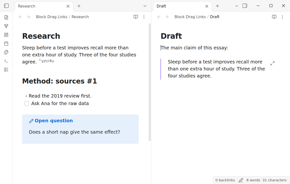 The draft shows an embed of the paragraph from the research note